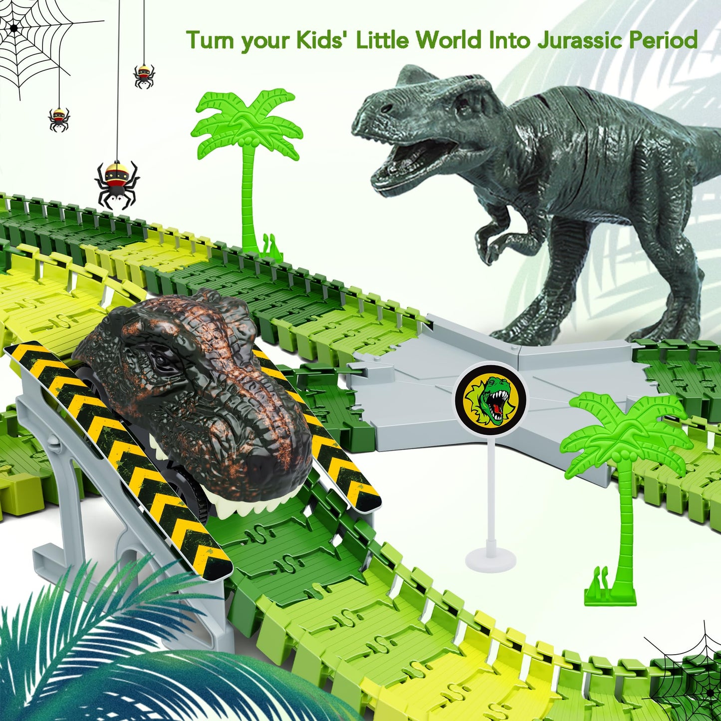 Dinosaur Toys, 252 Pcs Create A Dinosaur World Road Race Tracks, Flexible Track Playset, 2Pcs Dinosaur Car For 3 4 5 6 Year Old Boys Girls Birthday Party Favor Gift