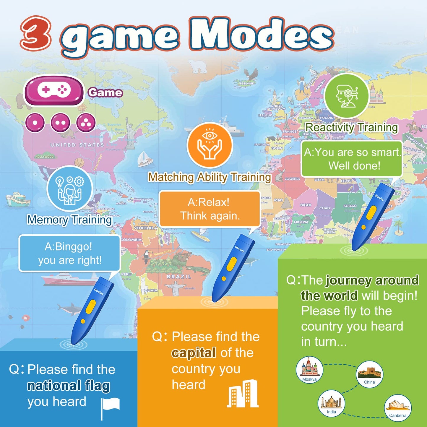 Qiaojoy Bilingual Interactive World Map For Kids Learning And Educational Toys, Talking Electronic Kids World Map I-Poster Geogr