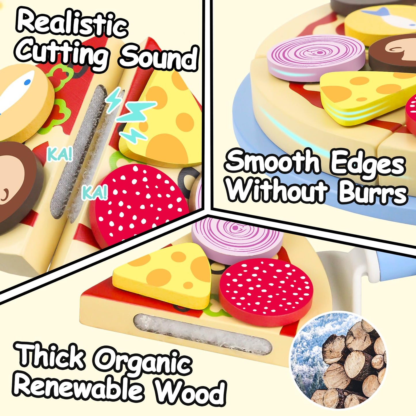 Wooden Pizza Toys for Kids, 24Pcs Cutting Toy Pizza Play Food Set, Pretend Play Kitchen Accessories Wood Cooking Toys for 3 4 5