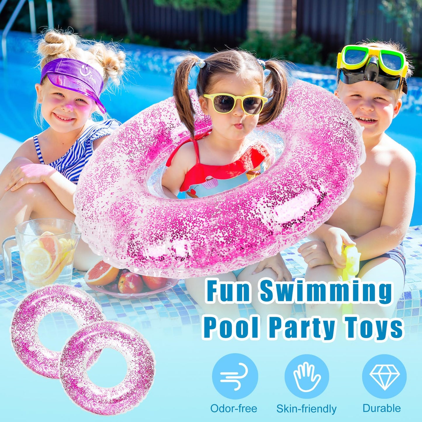 Whaline 4Pcs Inflatable Pool Floats Toys Clear Swim Tubes Rings Glitter Hot Pink Pool Tube For Teen Boys Girls Outdoor Summer Sw