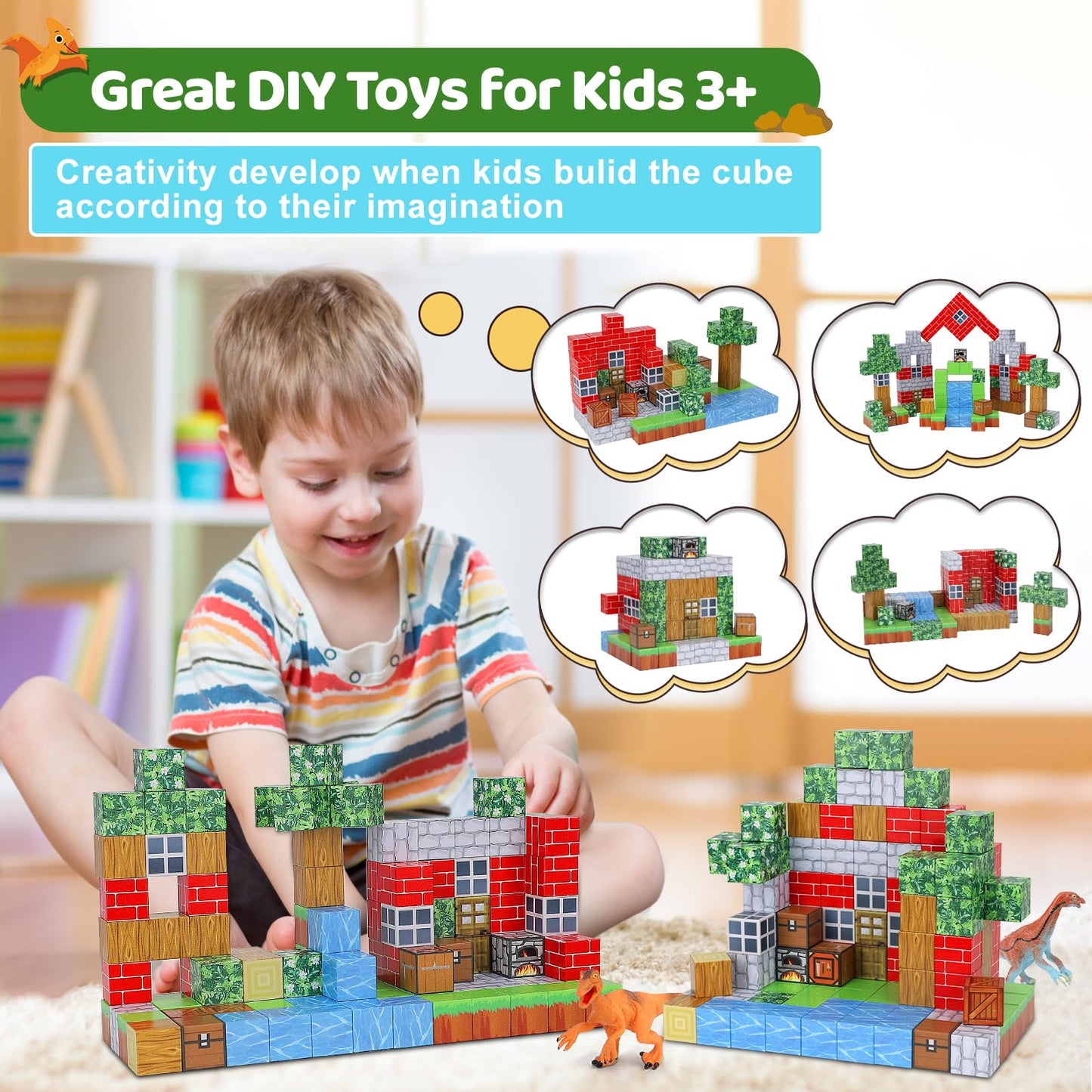 Magnetic Blocks 110Pcs With 6 Dinosaur Toys, Mine Magnet World Building Blocks Set, Toys For Boys & Girls Age 4-6,6-8, Stem Mont