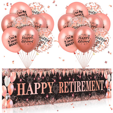Happy Retirement Decorations For Women Large Rose Gold And Black Happy Retirement Banner Yard Sign With 18Pcs Rose Gold Retirement Balloons For Women Men Retirement Farewell Anniversary Party Supplies