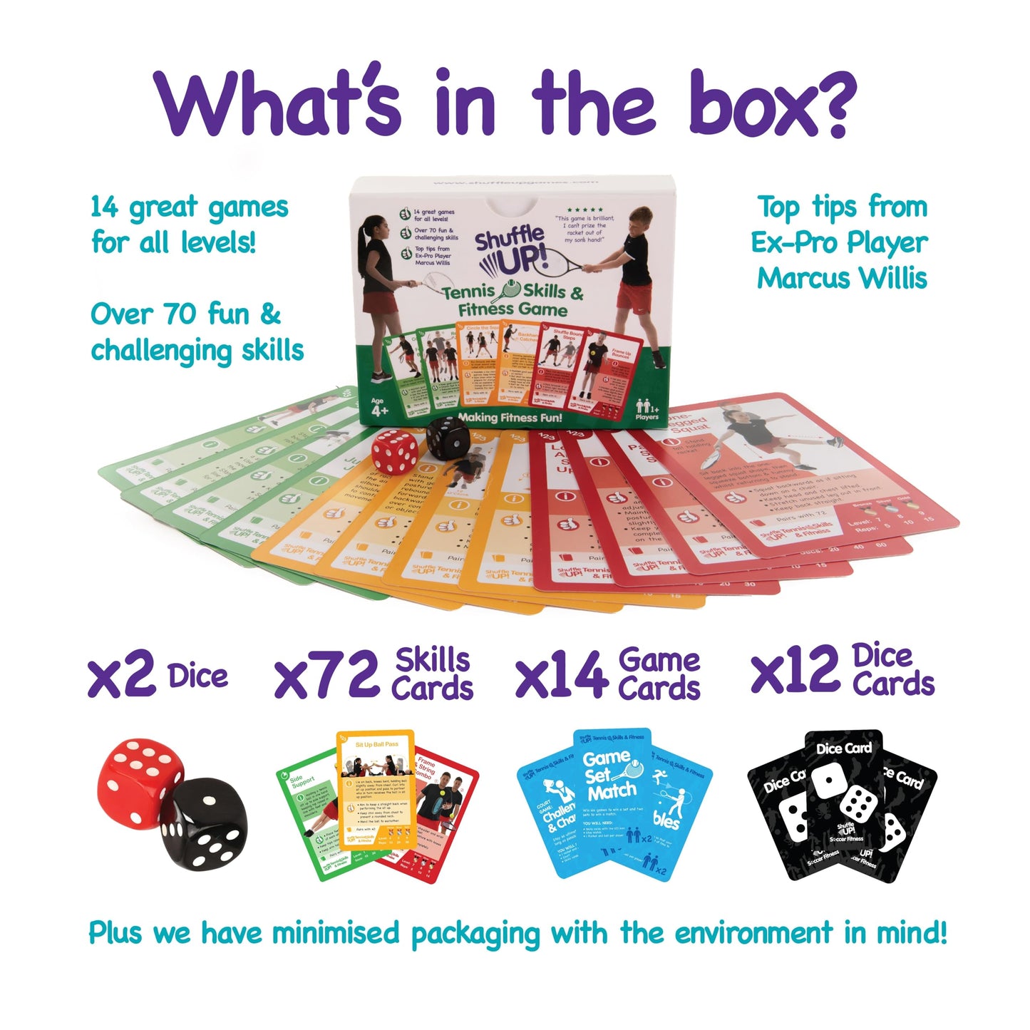 Shuffle Up Tennis Card Games - 70+ Fun & Active Skills Cards For Kids, Fitness Cards Develop Fundamentals, Stamina & Strength, Easy To Play For Kids | Multiple Skill Level Cards Include 2 Dices