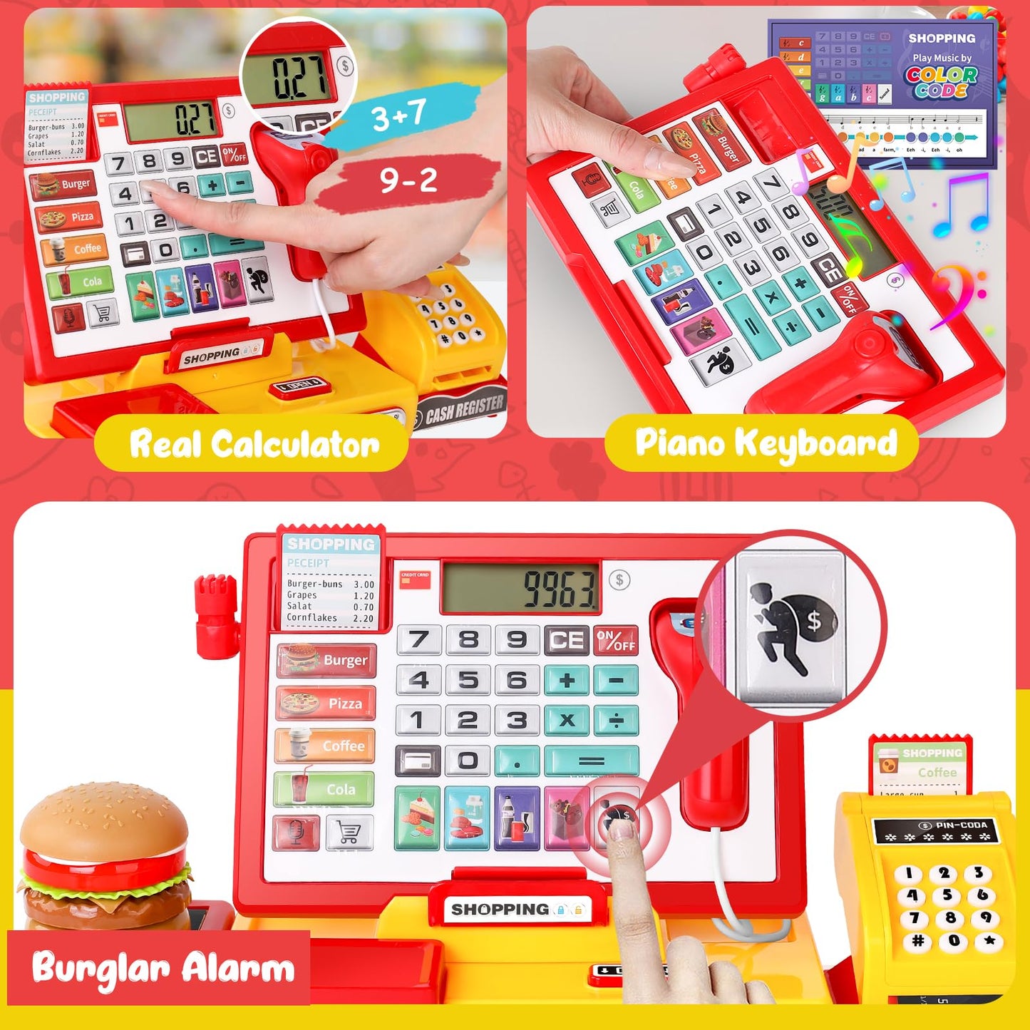 maysida Cash Register Toy for Kids, Pretend Play Store with Fast Food Burger/Scanner/Credit Card/Play Money/Microphone Birthday