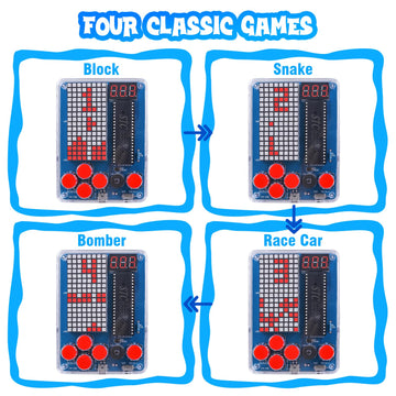 PEMENOL DIY Soldering Game Kit - 4 Retro Games, Adjustable Brightness Music Switch, STEM Education, Blue Plastic