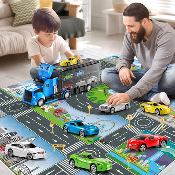 NIPLOOOW Racing Trucks Toy Set with Play Mat, Carrier Truck Play Vehicles Set for 3 4 5 6 Years Old Boys Kids, Die-Cast Car Toy