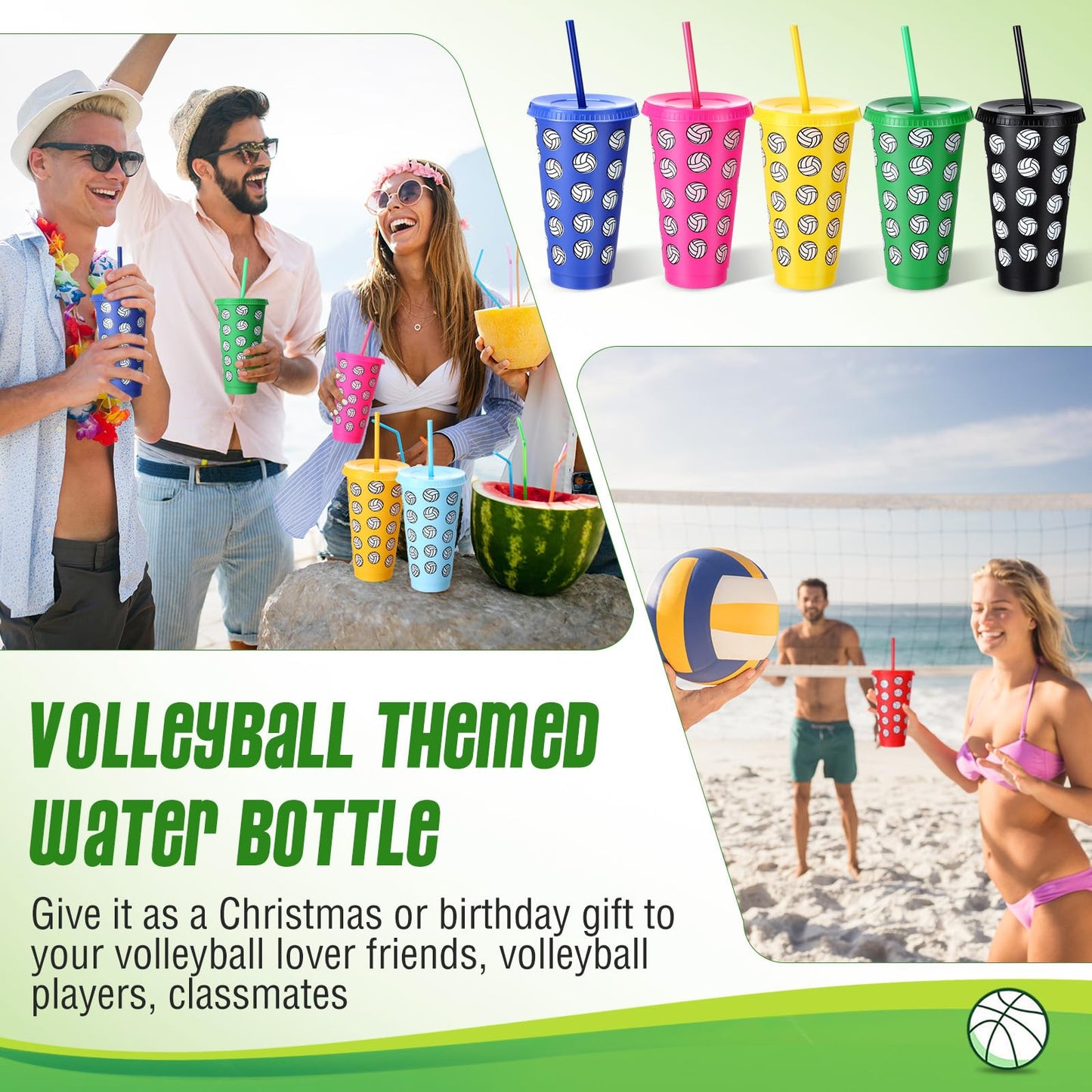 Potchen 20 Pcs Volleyball Plastic Tumbler with Lid and Straw Christmas Cup Gift 24 oz Volleyball Cups Reusable Sports Ball Plast