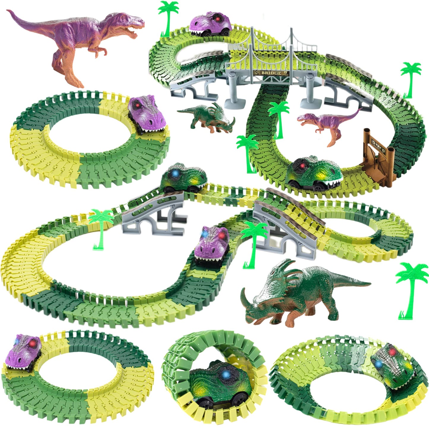 Toyli Dinosaur Race Track Set 182 Pieces, Dino Track Flexible Dinosaur Road Race Playset With Bridge, Ramps, Dinosaur Track Toy