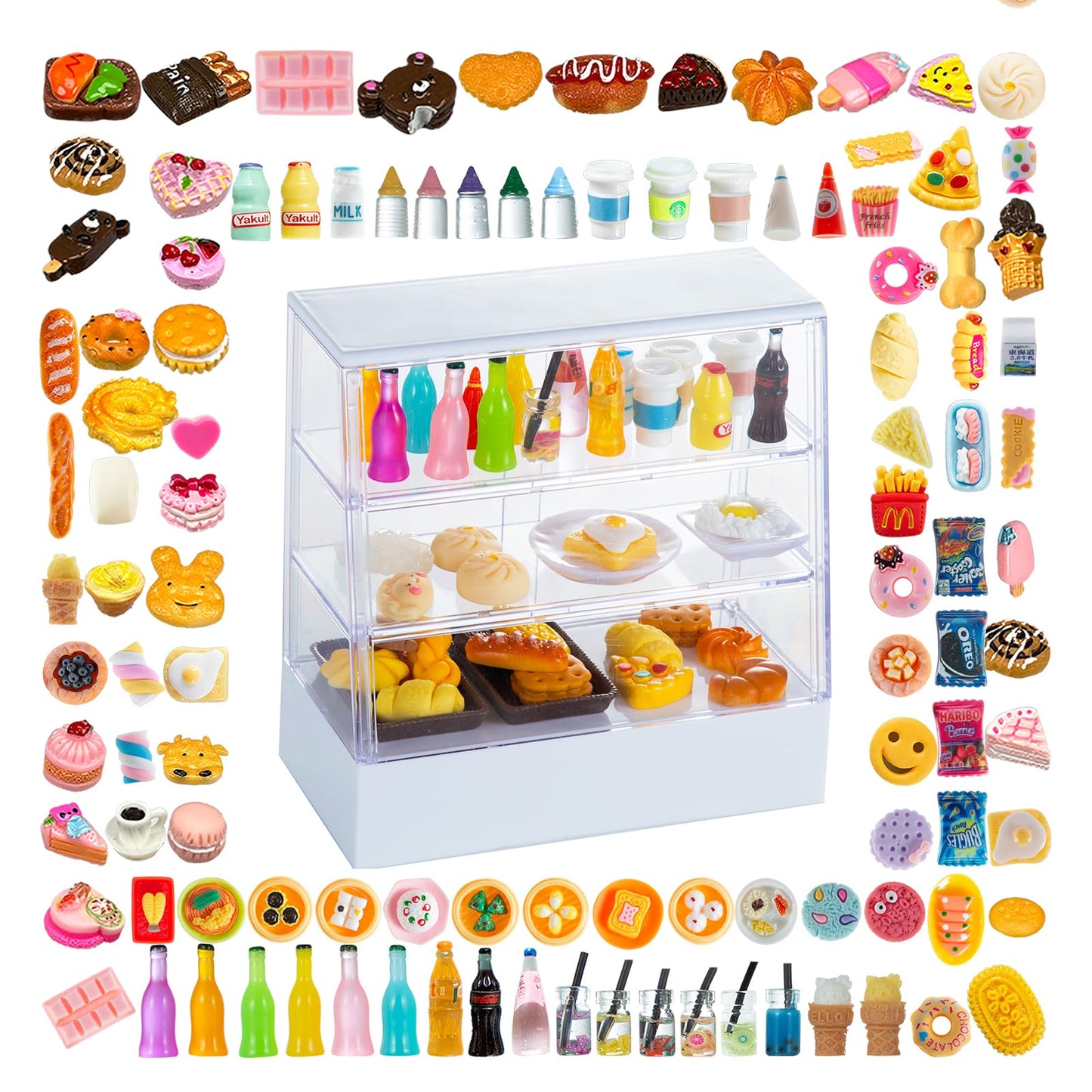 152Pcs Miniature Bakery Cake Stand Display Cabinet With Food Set Mini Counter Toy Supermarket Shelf Dessert For 1:12 Doll House