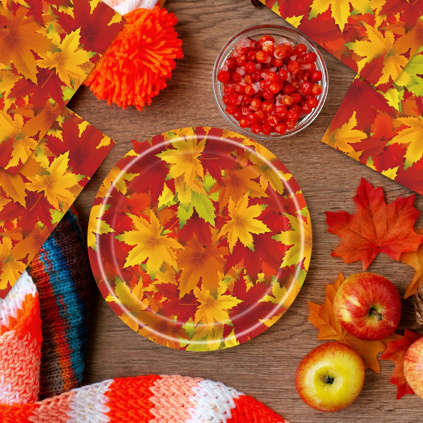 Fall Leaves Party Plates & Napkins Set - 80 Pcs (40x7 Dessert Plates + 40 Napkins) | Autumn Harvest Maple Leaf Design Disposable