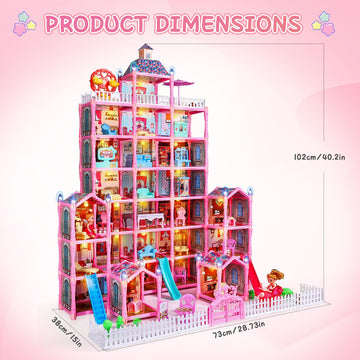 13 Rooms Doll House for Girls, DIY Play House Toys with Dolls Figure, Puppies,Furnitures, Glow-in-The-Dark Accessories, LED Ligh