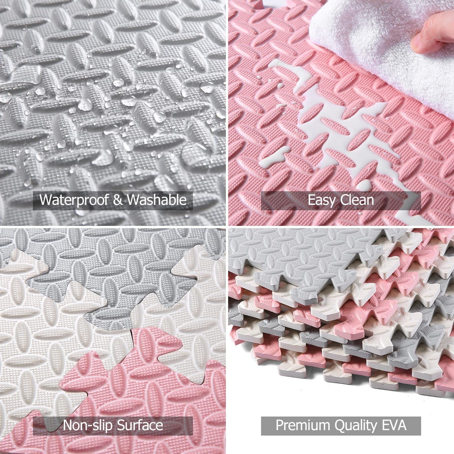 Tamiplay Foam Floor Mats For Kids, 12 X 12 Inch 16 Tiles 0.4' Thickness Foam Play Mat, Non-Toxic Square Interlocking Floor Mats Rubber Baby Play Mat For Toddlers(White/Gray/Lori Pink)