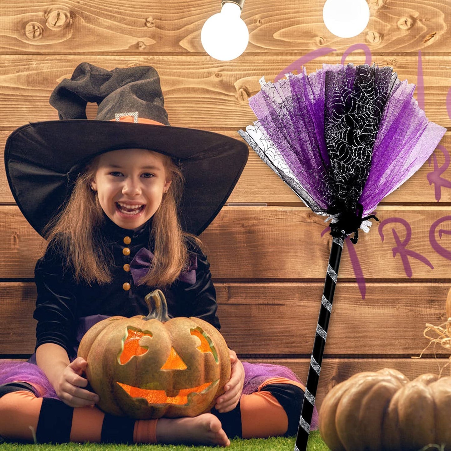NSVJVY Kids Witch Broom, Halloween Broomstick, Photography Prop Toy, Cosplay Dress Up Costume Party Cute Witch Broom (Purple)