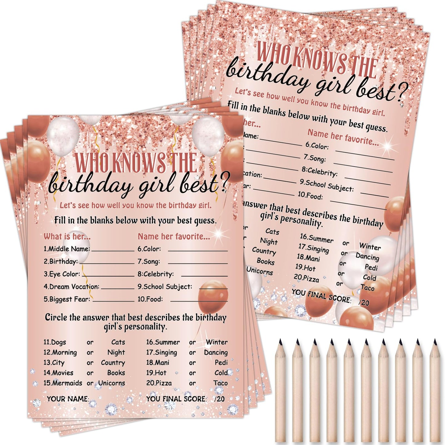 Who Knows The Birthday Girl Best Card 50 Pcs Rose Gold Sprinkles Birthday Party Activity Game Card Set Girly Pink Best Card With