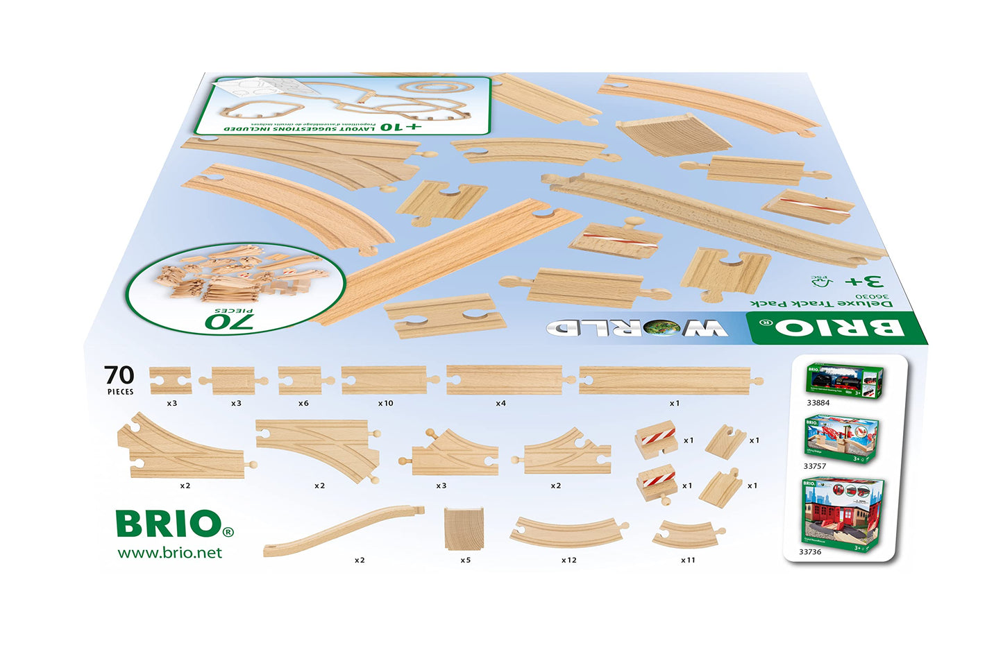 BRIO 36030 World Deluxe Track Pack - 70 Piece Wooden Train Set for Children 3 Years and Up | FSC-Certified Beech Wood | Compatib