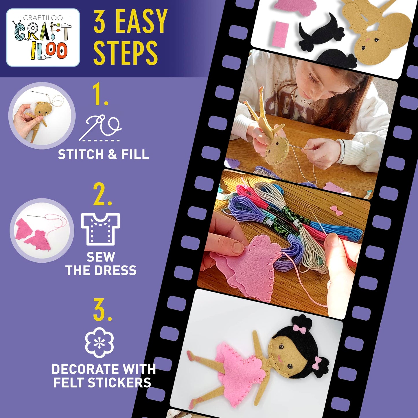 Craftiloo Ballerina Dancers Sewing Kit For Kids, Fun And Educational Craft Set For Boys And Girls Age 5-12, Sew Your Own Felt Ba