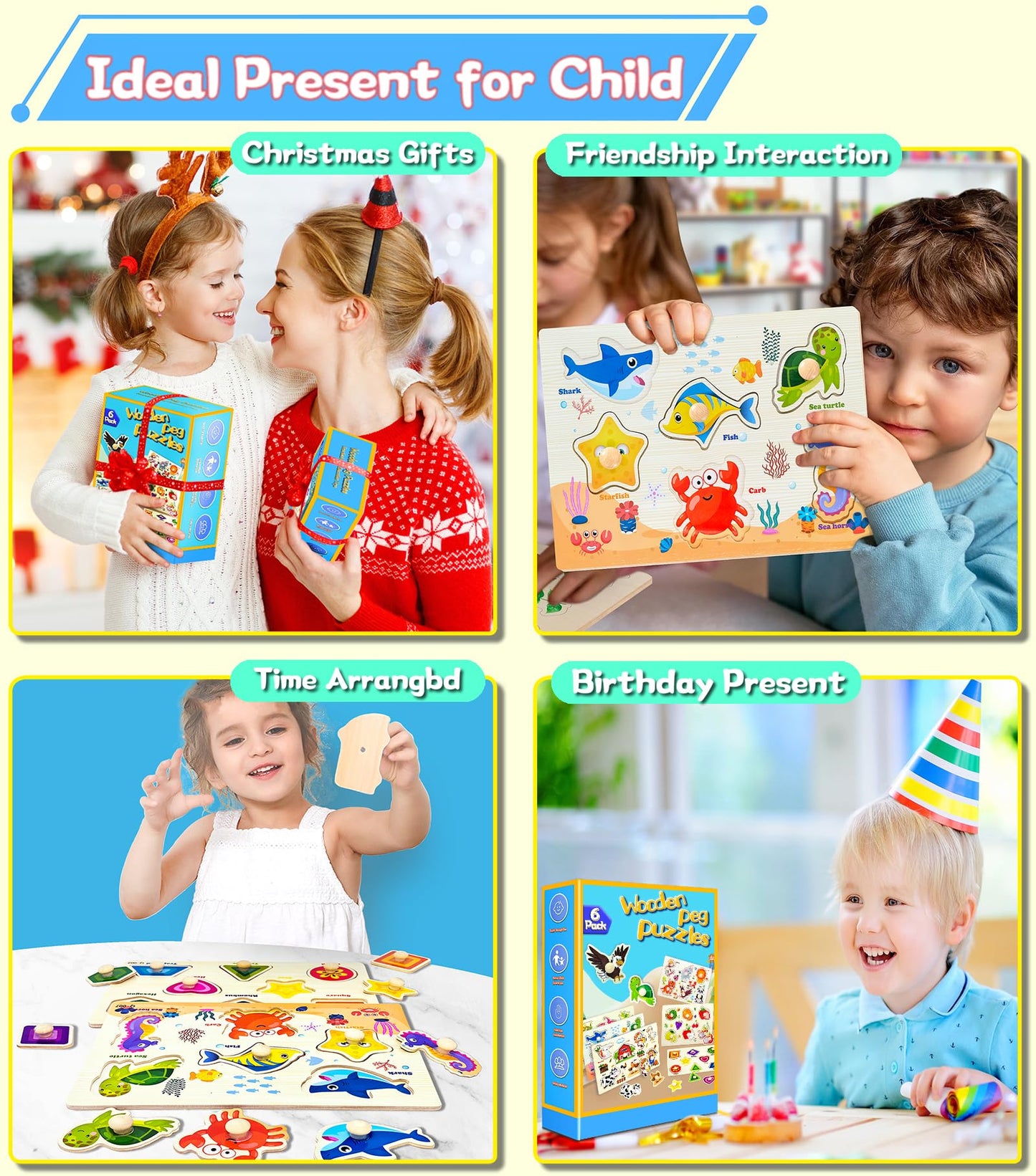 Wooden Peg Puzzles For Toddlers,Montessori Toddler Puzzles For Child,Fine Motor Skill Learning Puzzles Toys For Baby Boys Girls Gifts-6 Pcs Shape,Farm,Sea Animal,Dinosaurs,Fruits,Animals