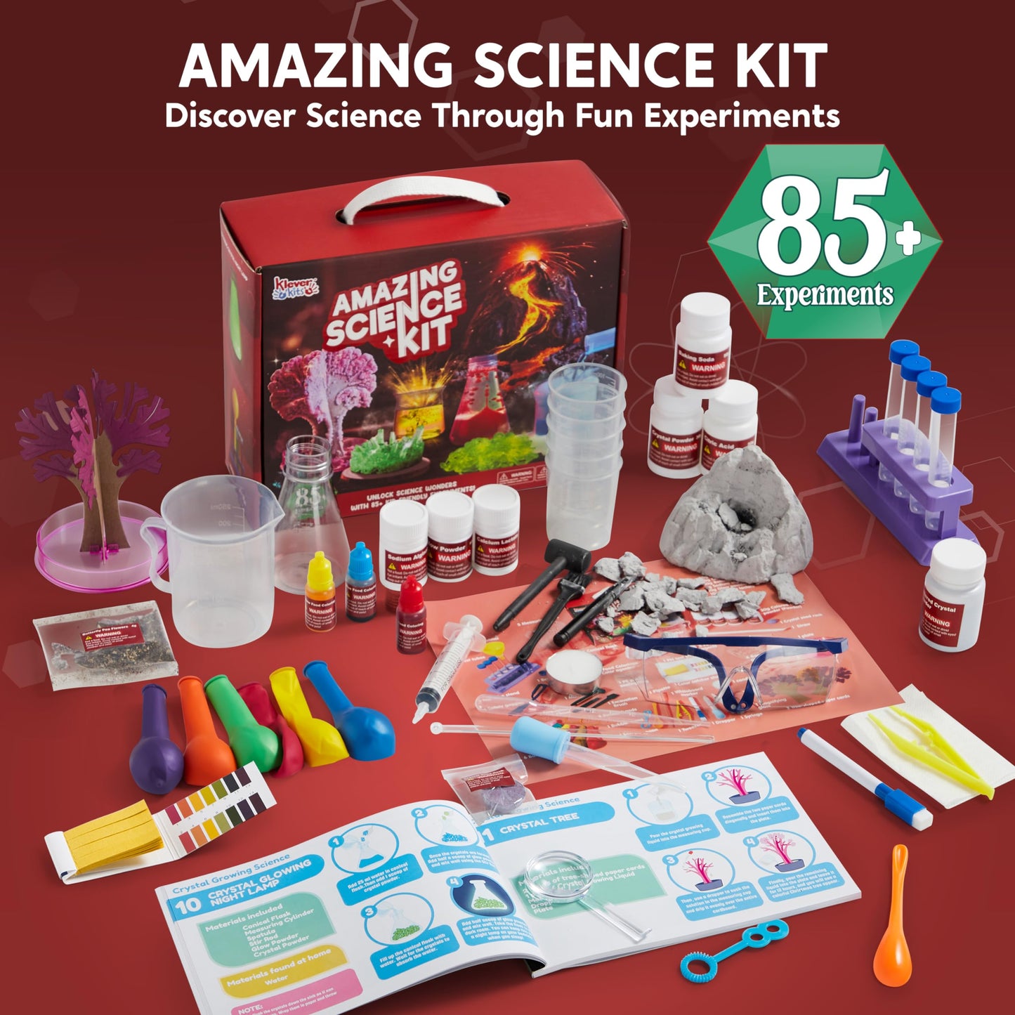 Klever Kits Amazing Science Kits- 85+ Experiments Educational Toys, Stem Activities With Erupting Volcano And Growing Crystal Tree For Kids Aged 6 7 8+