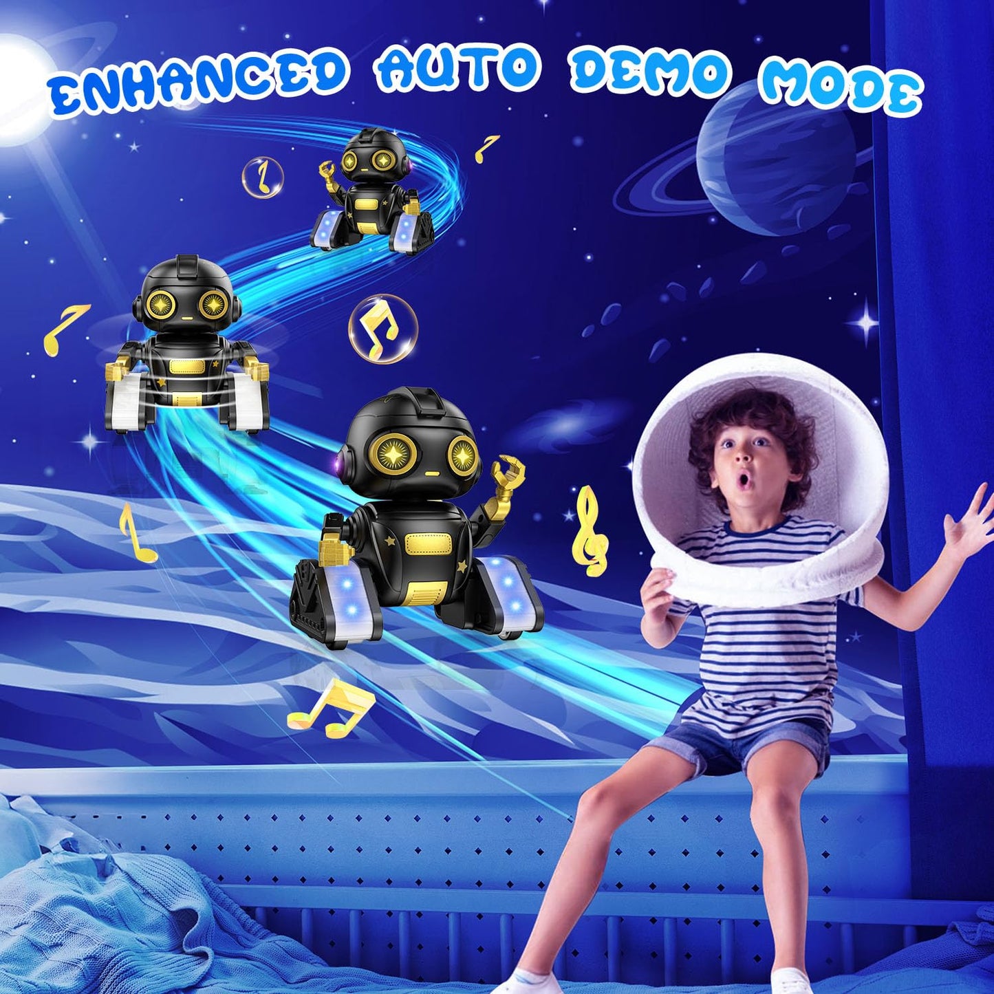 Baiwu Robot Toys For Kids,Rc Robot With Gesture Sensing & Led Eyes,Star Projector And Music,Boys & Girls Toys For 6+ Age(Black)