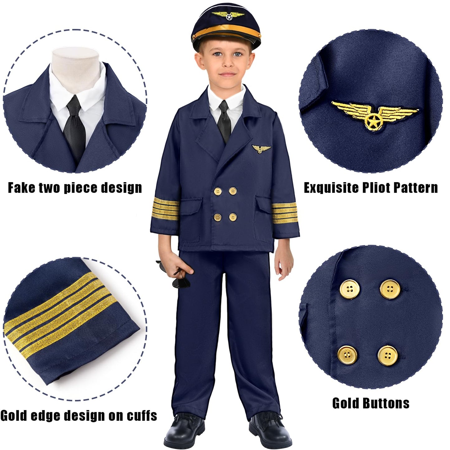 Latocos Pilot Aviator Costume For Kids Boys Girls Ages 3-12 Airline Captain Uniform Air Force Flight Suit For Career Day Dress U