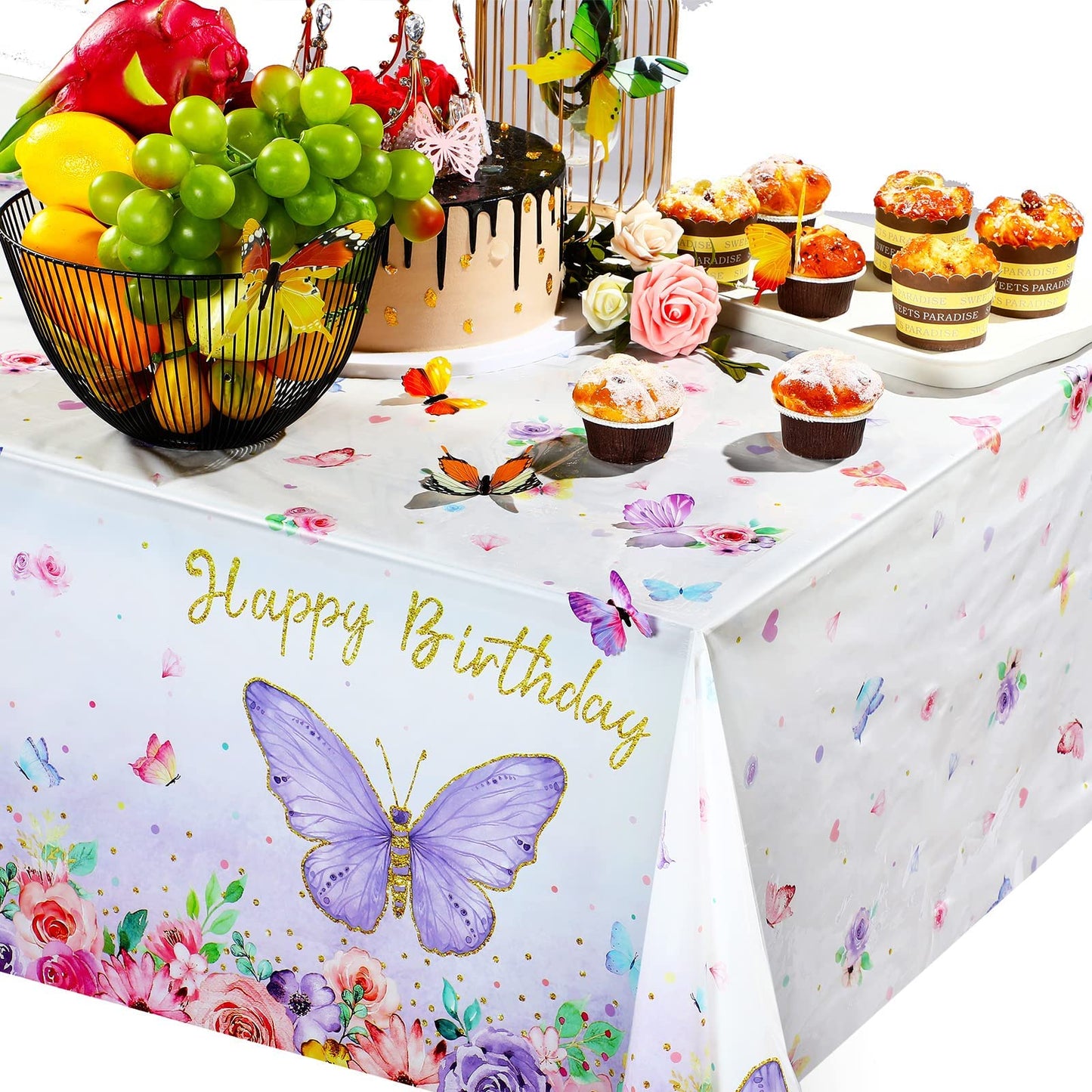 Butterfly Happy Birthday Tablecloth - Rectangular Watercolor Butterfly Table Cover, Spring Themed Plastic Tablecloth for Girl Pa
