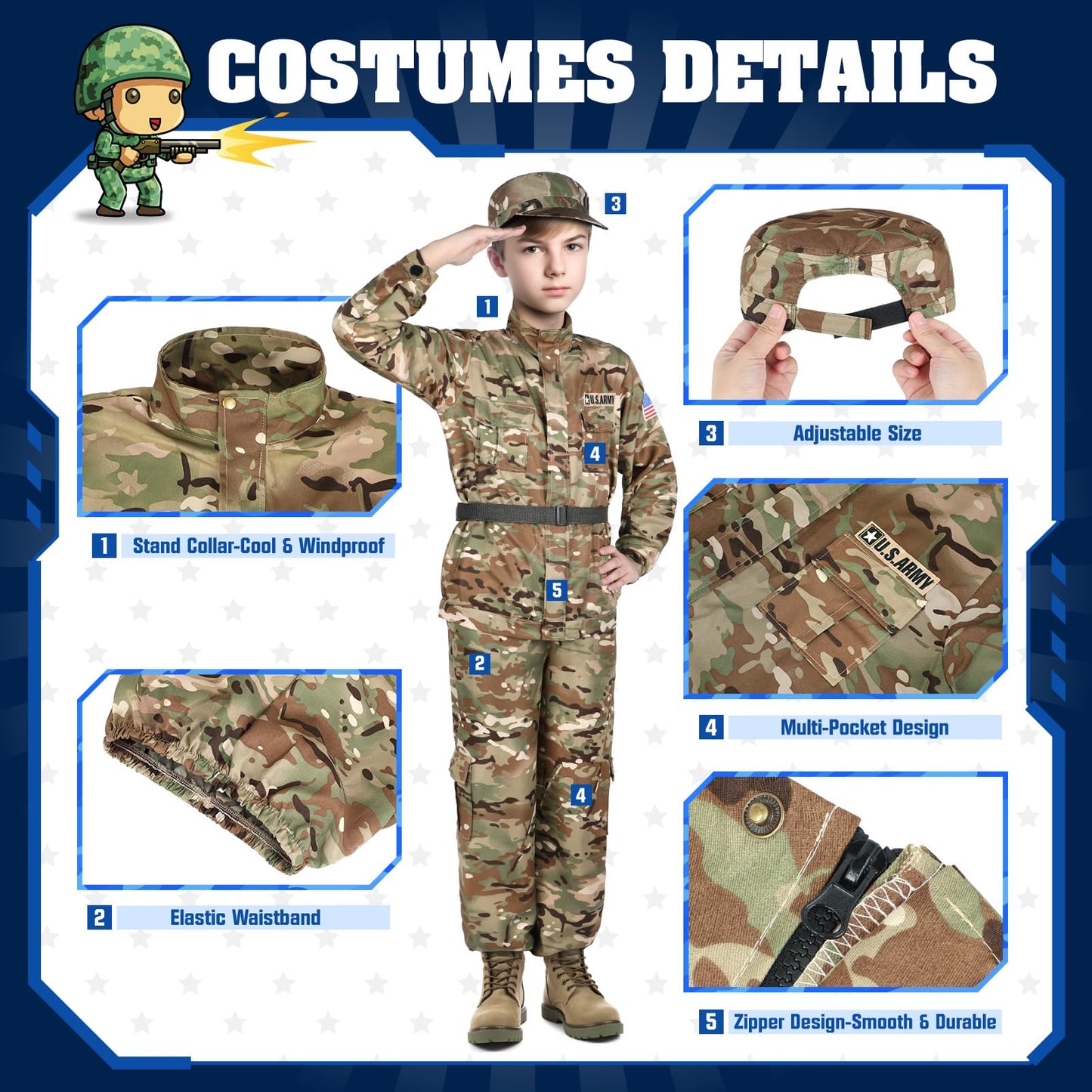 Giftinbox Army Costume For Kids,Soldier Halloween Costumes Boys Kid,13Pcs Military Dress Up Role Play Set With Accessories,Deluxe Birthday Gift Kids Size ,Green Camo,Small (3-4Yrs)