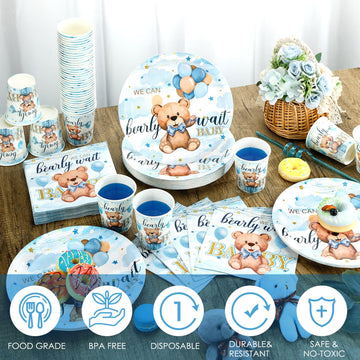 Hushee 200 Pcs Blue Bear Baby Shower Paper Plates Napkins Cups Baby Shower Party Supplies Tableware Set Bear Theme Disposable Cu