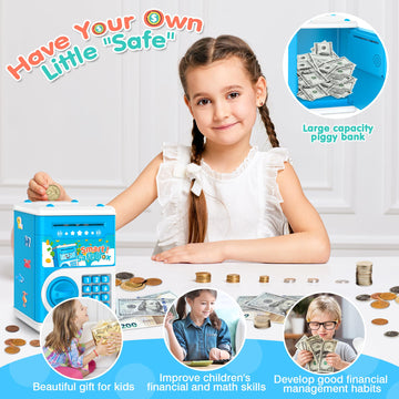 Blue Piggy Bank For Kids, Electronic Coin Money Bank, Children'S Safe Money Jar Toy Age 4 7 8 9 10 11 With Password Code Lock An