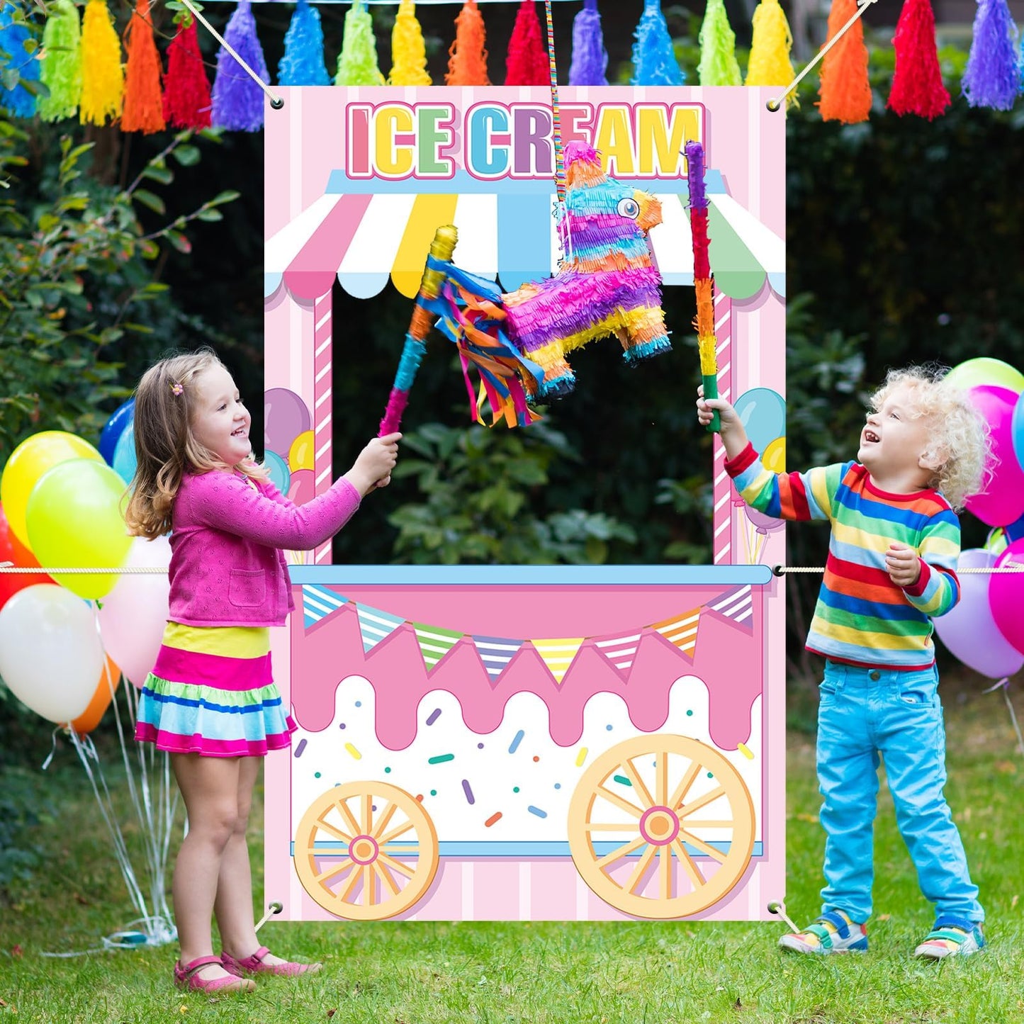 Ice Cream Shoppe Photo Prop Backdrop For Girl'S Ice Cream Birthday Party Decorations Fabric Sweet Ice Cream Backdrop Background Banner Birthday Party Supplies Ice Cream Party Favors 62.9 X 39.3 Inch