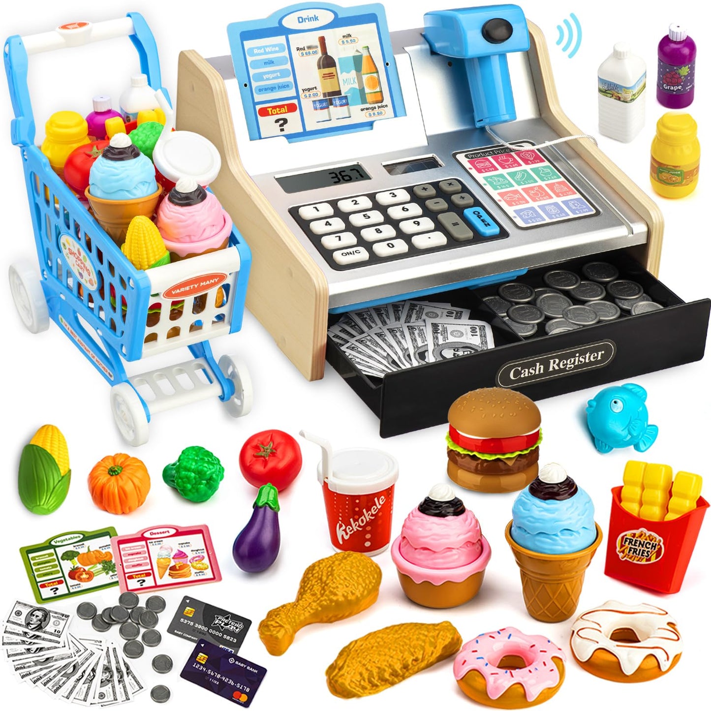 Wooden Cash Register for Kids with Shopping Cart Rechargeable Kid Cash Register with Scanner Gift for Kids Age 3 4 5 6 7 8 9 Yea