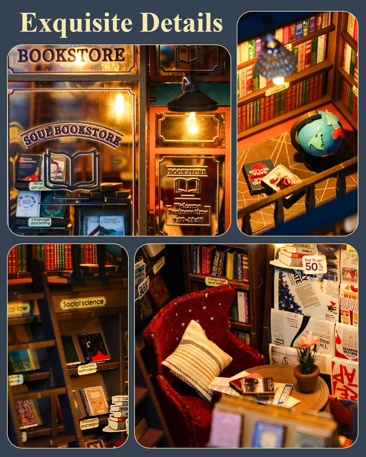 Ourmiao Book Nook Kit Soul Bookstore, Diy Wooden Booknooks Kit For Adults Women Teens, Bookshelf Diorama Miniature Scenes Insert