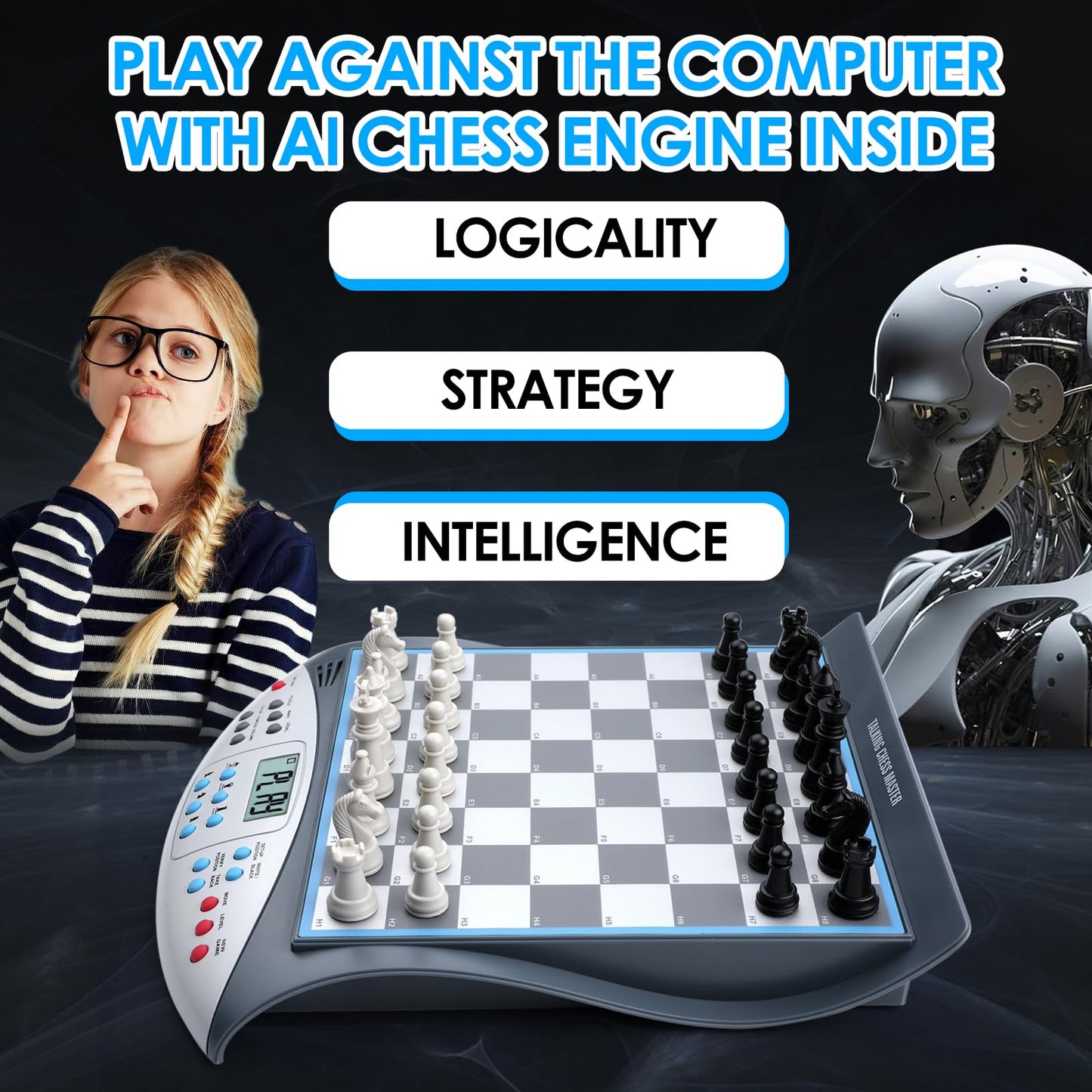 LEVEROAM Electronic Chess Set with Voice Teaching, Magnetic Board for Beginners & Advanced Players, Grey/White