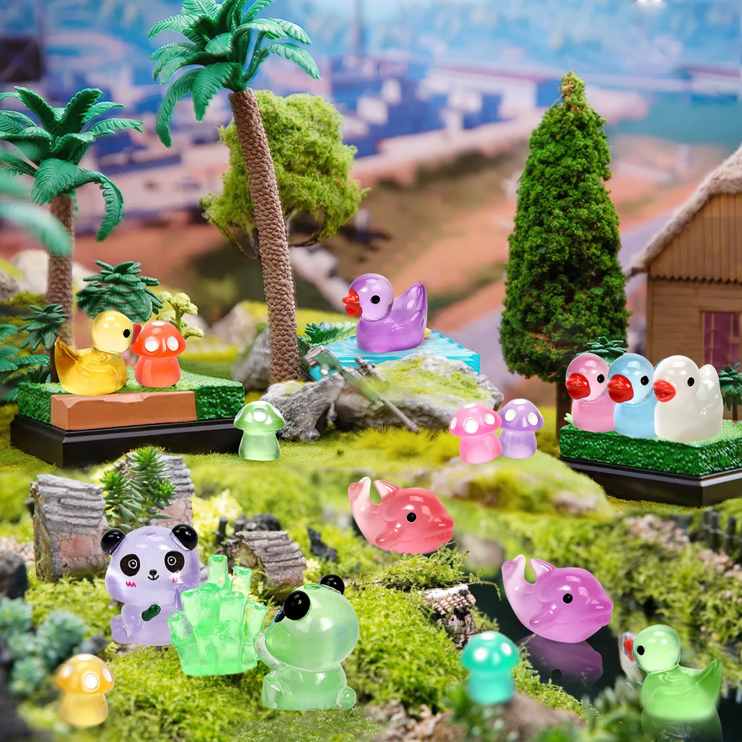 GOKUPOK Luminous Mini Resin Ducks Tiny Animals Glow in The Dark Duck Panda Dolphin Mushroom 4 Combination Sets for Garden Micro