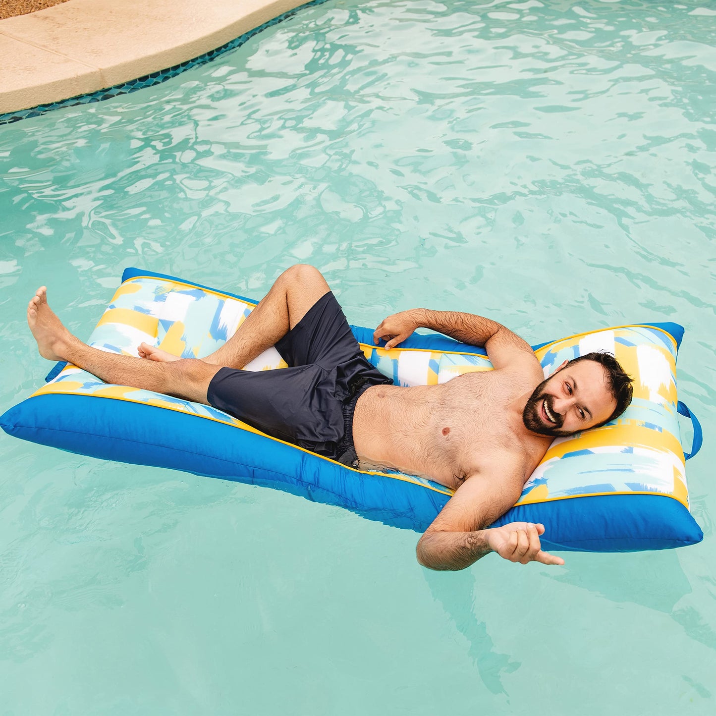 Big Joe Kona No Inflation Needed Pool Lounger With Headrest, Paintbrush Yellow Double Sided Mesh, Quick Draining Fabric, 5.5 Feet Big