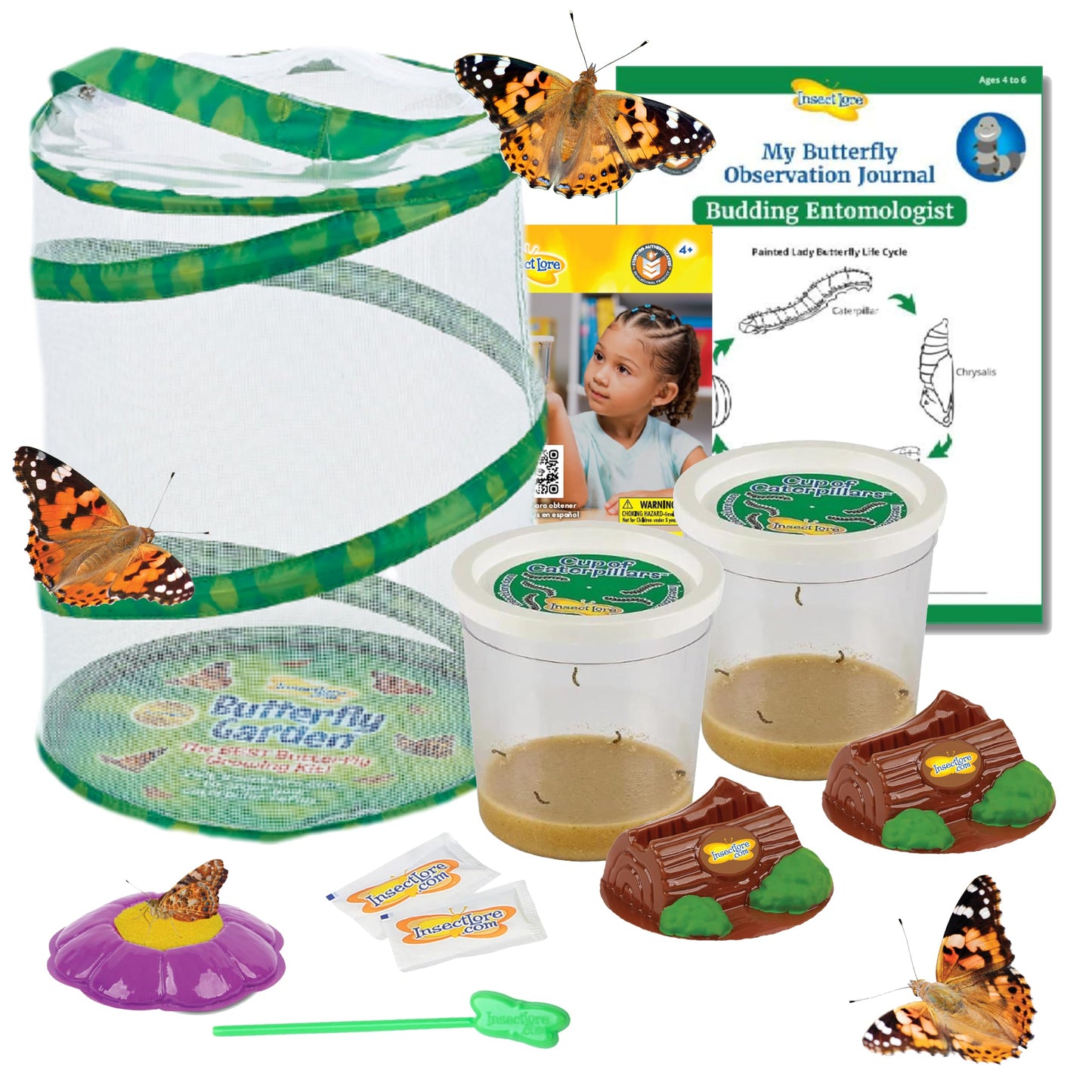 Insect Lore Butterfly Garden With Two Cups Of Live Caterpillars | Original Habitat, Stem Journal, Chrysalis Holding Logs, 10 Live Baby Caterpillars | Painted Lady Butterflies | Life Science Education