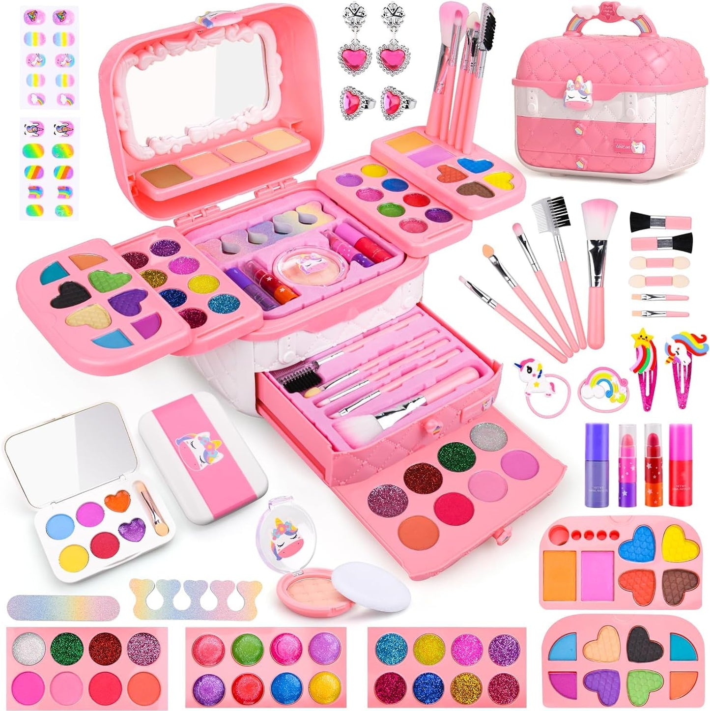 Auney 80 PCS Kids Makeup Kit for Girls 5 6 7 8 Years Old, Unicorn Girls Toy for Little Girls Birthday, Princess Dolls Dress Up T