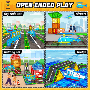 Magnetic Tiles Road Set With Car Magnet Building Tile Toys For Kids Ages 3-5 4-8 5-7 Magnetic Blocks Expansion Pack Stem Constru