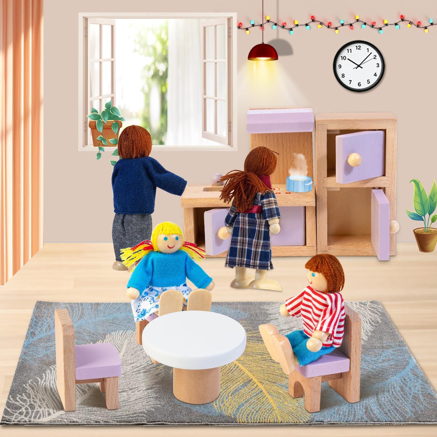 Kizfarm Wooden Dollhouse Furniture Set With 4 Family Dolls, 26 Pcs Pretend Play Dollhouse Accessories For 4 Rooms, Pink Furnitur