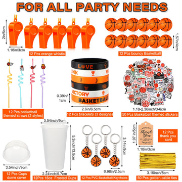 Weysat 184 Pcs Basketball Party Favors, Basketball Party Supplies With Cup Straw Stress Ball Keychain Sticker Bracelet Whistle T