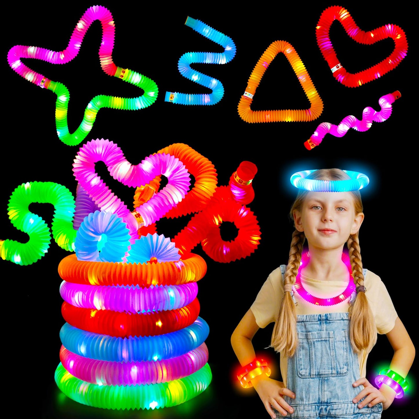 Gwahsa 24 Pcs Light Up Pop Tubes, Glow Sticks Bulk Party Favors For Kids 4-8 8-12 Glow In The Dark Party Supplies Fidget Sensory