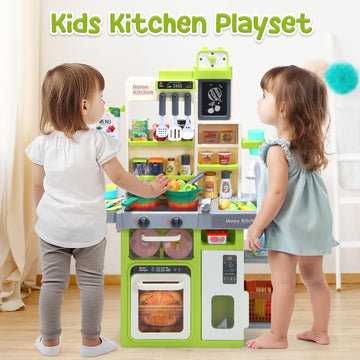 HOLYFUN Kids Kitchen Playset, Pretend Play Kitchen with Sounds and Lights, Cooking Stove Steam,Play Sink and Play Food,Toy Kitch