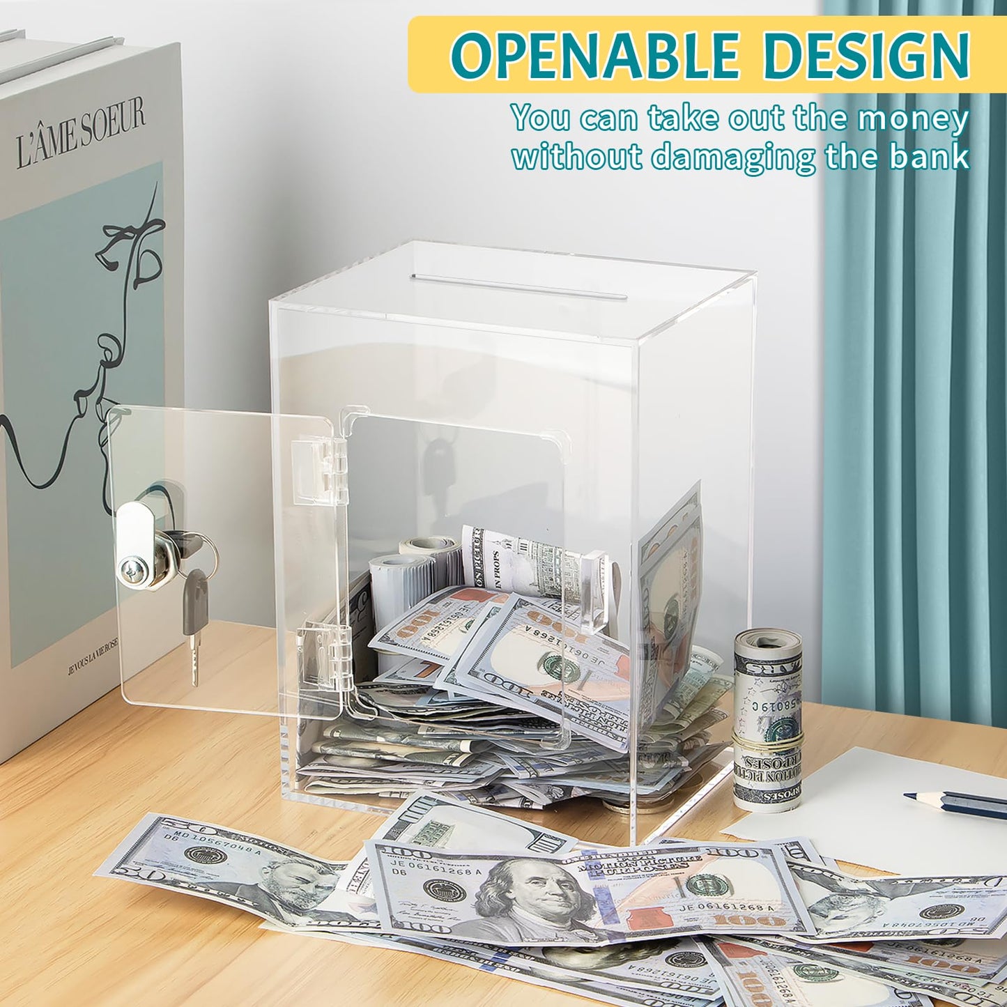 Clear Piggy Bank For Adults Kids, Large Acrylic Piggy Bank Money Saving Box For Cash Saving With Key, Openable Clear Acrylic Sav