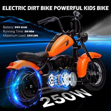 JoyWheels Kids Electric Motorcycle, 24V 250W Dirt Bike, 14MPH, Iron Frame, Orange, LED Lights, Leather Seat