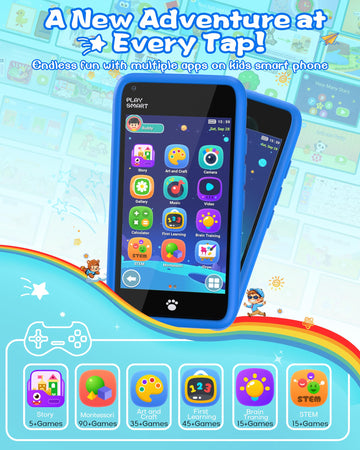 MOMILLA Kids Smart Phone, 3.97" Touchscreen, 16GB Learning Toy, Blue, Model PlaySmart for Ages 3-9