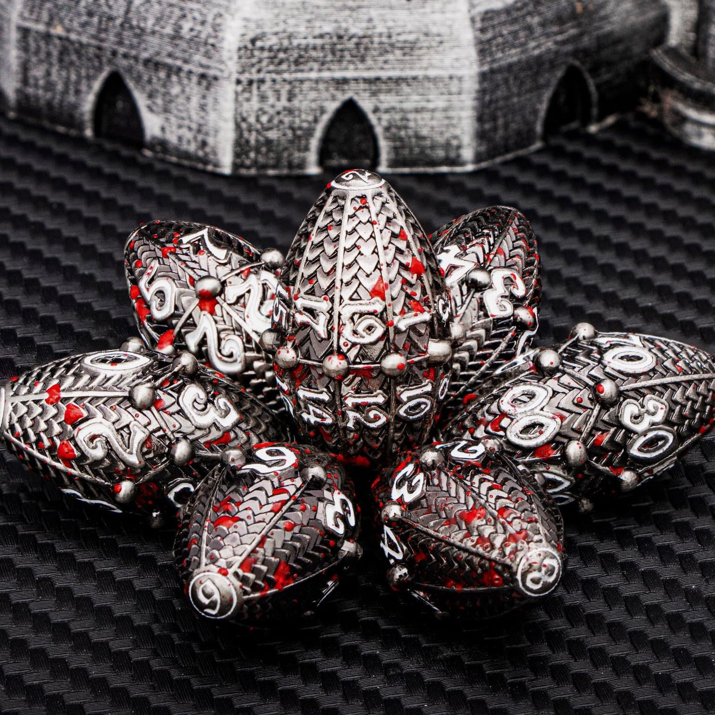 ARUOHHA DND Metal Dice Blood Splatter Dragon Egg Dice with Metal Box, Dungeons and Dragons Role Playing Game RPG D&D Dice Polyhe