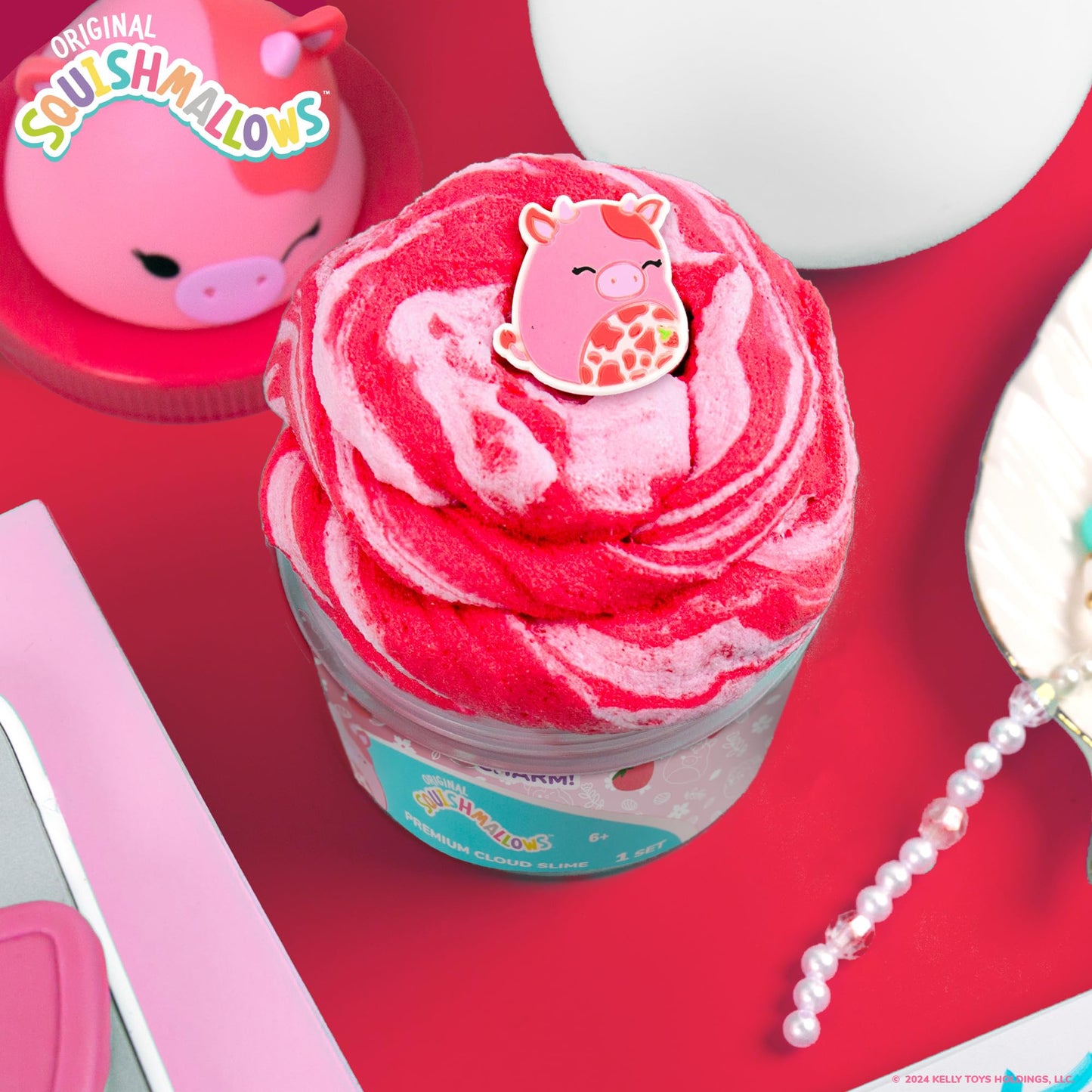 Original Squishmallows Calynda The Cow Premium Cloud Slime, 8 Oz. Fluffy Slime, Strawberry Scented, 3 Fun Slime Add Ins, Pre-Made Slime For Kids, Great 6 Year Old Toys, Super Soft Sludge Toy