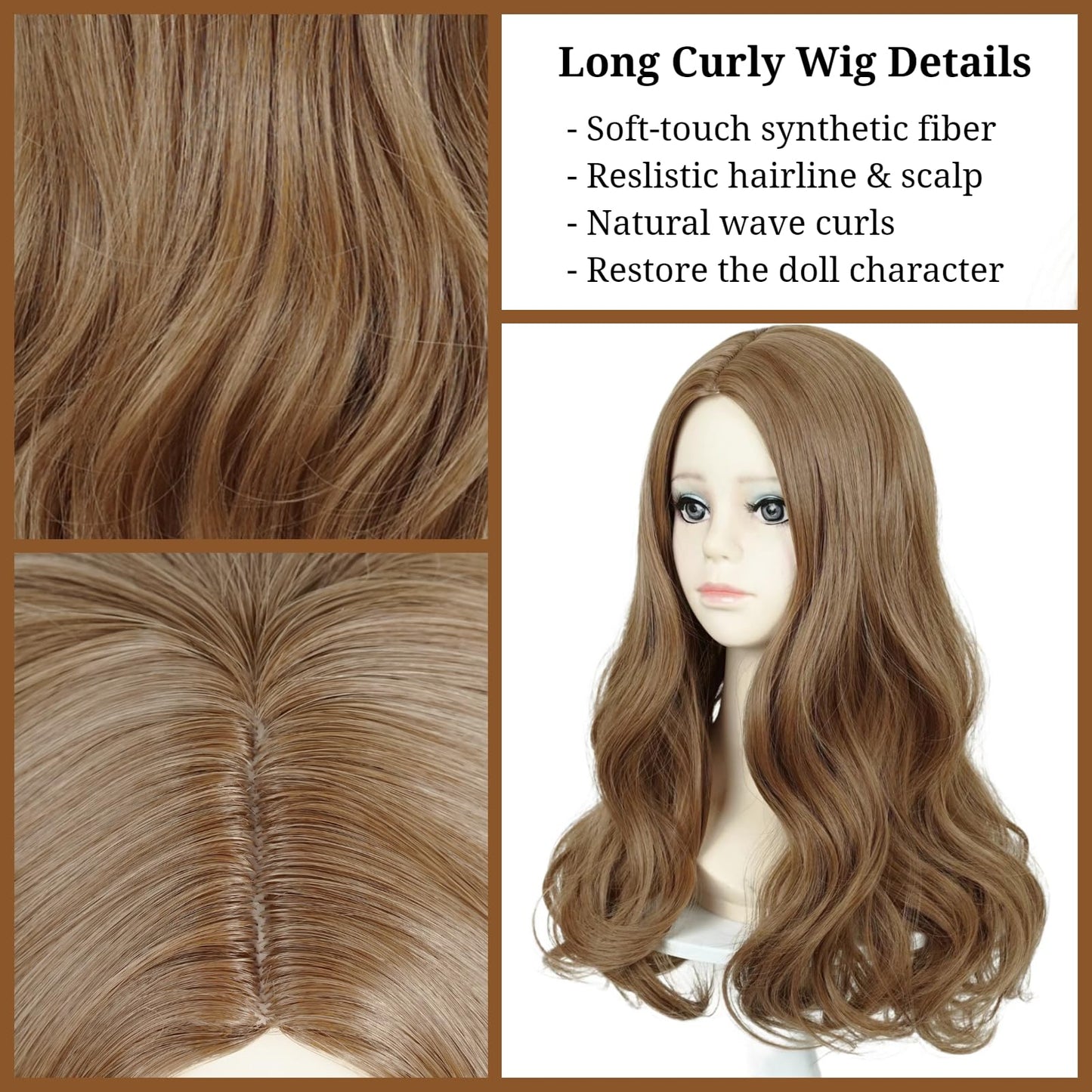 M3Gan Wigs For Kids Girls Long Curly Brown Kids' Creepy Cosplay Wig Child Long Wave Middle Part M3Gan Wig With Hair Net For Toll