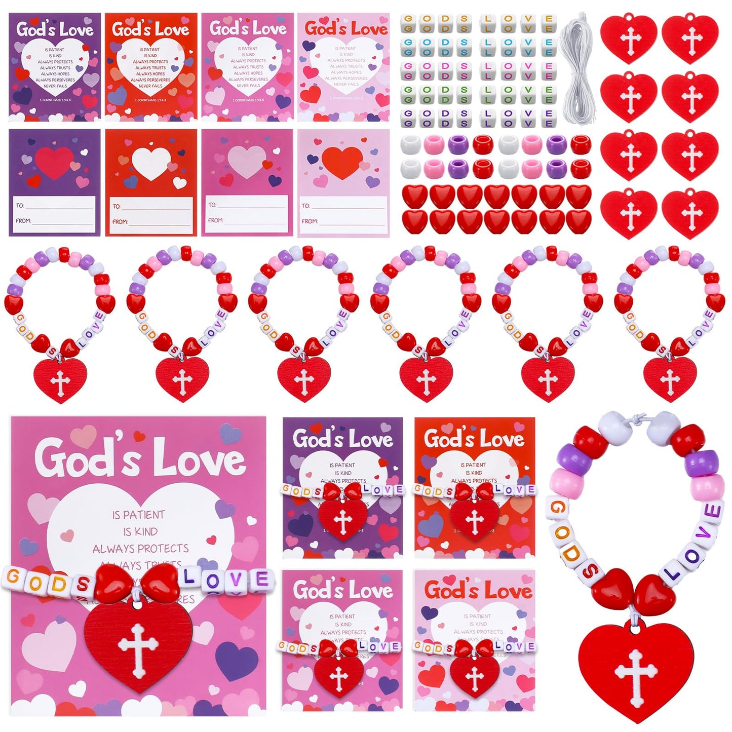 48 Pack Christian Valentines Crafts Gift, 24 Religious Valentine Cards, 24 Set Heart Beaded Bracelets with God's Love for Sunday