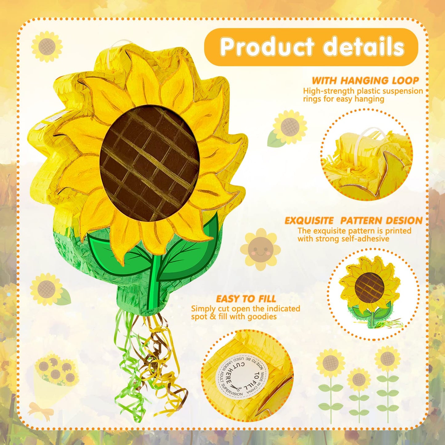 Lewtemi Sunflower Tea Pot Piñata For Birthday Party Colorful Piñata With Stick, Blindfold, Confetti For Adults Birthday Baby Shower Party Supplies
