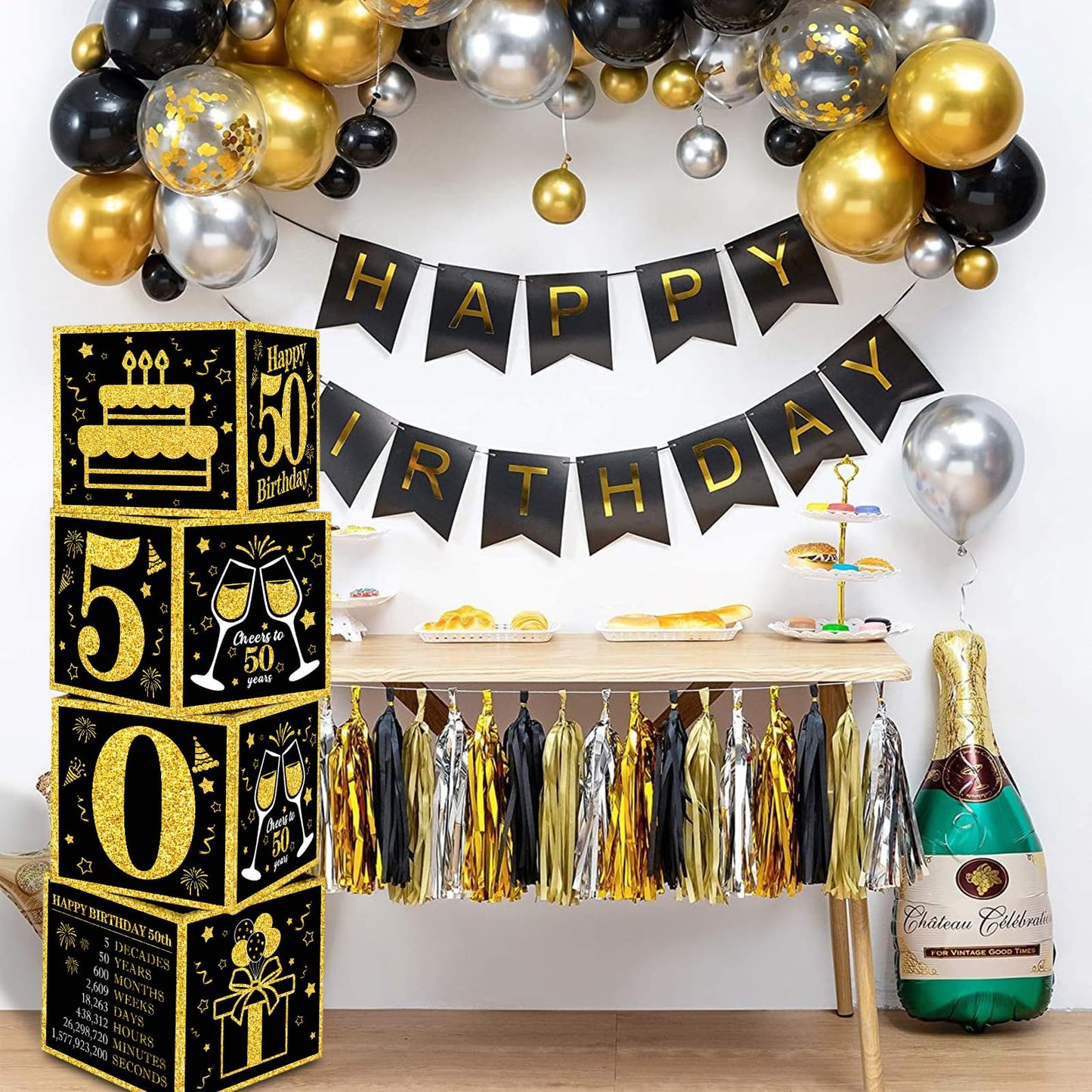 Toniful 4 Pcs 50Th Birthday Decorations Boxes For Men Women,Fifty Years Old Birthday Cardboard Box Party Supplies,Black And Gold